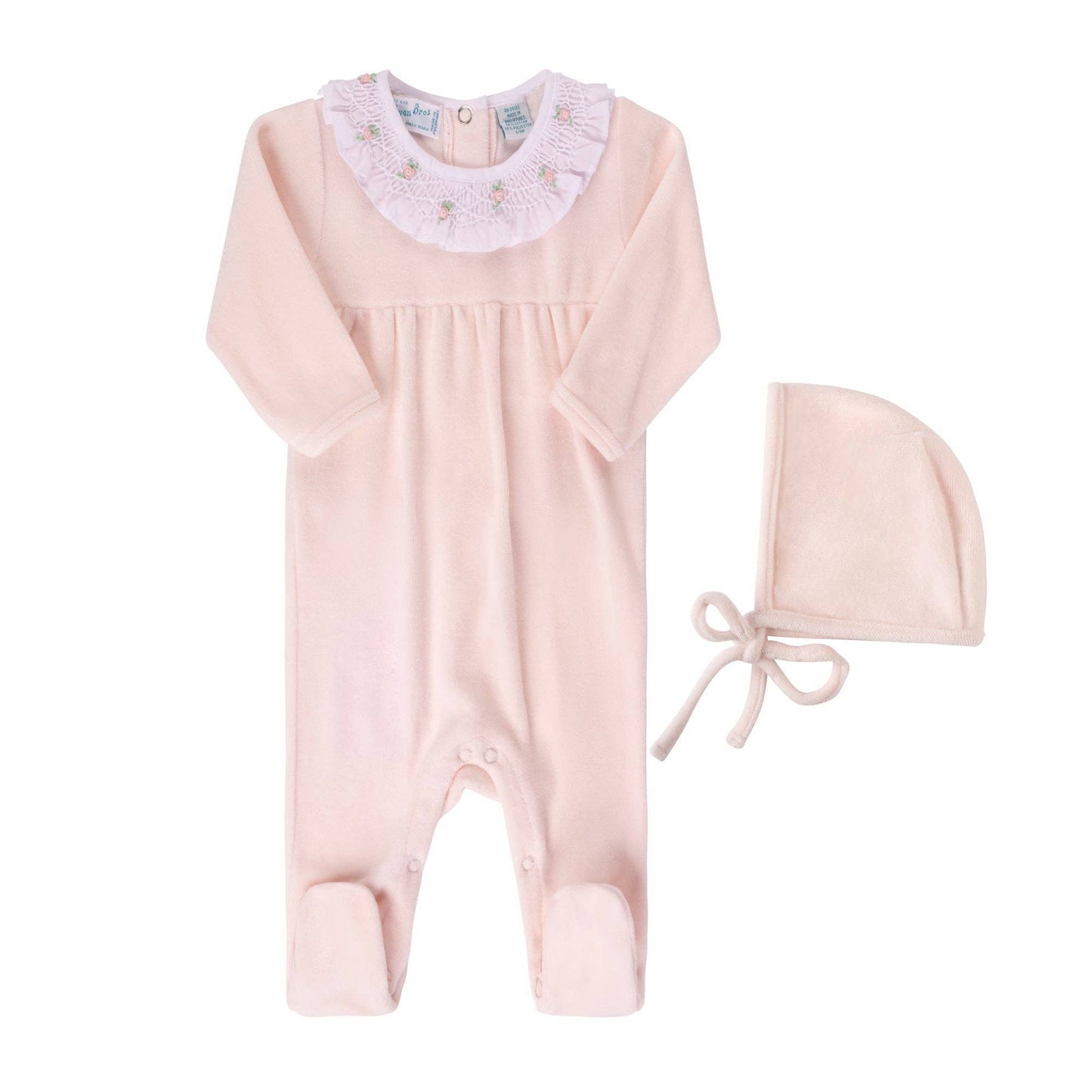 Velour Smocked Collar Romper w/Hat