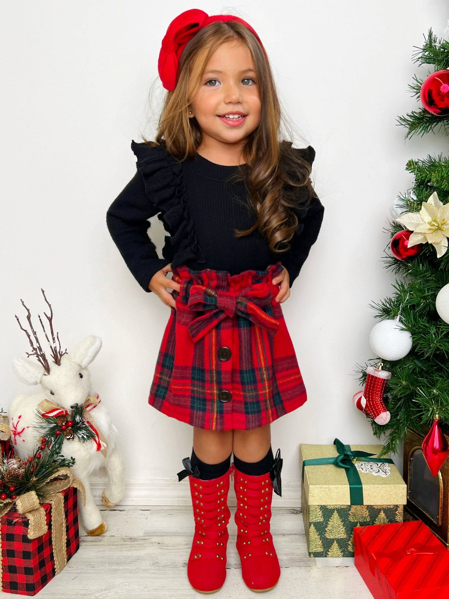 Fall Ruffled Top & Plaid Skirt Set