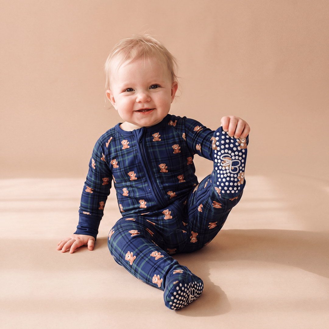 Bamboo Zipper Footie - Teddy on Plaid