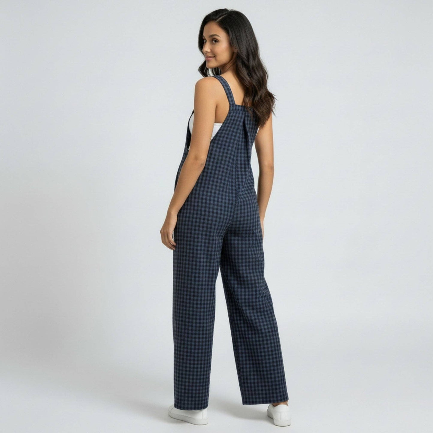 Maternity Gingham Wide Leg Jumpsuit with Adjustable Straps Square Neck Loose Fit Overalls