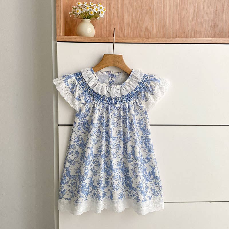 Blue Floral Smocked Matching Set Baby Romper/Dress