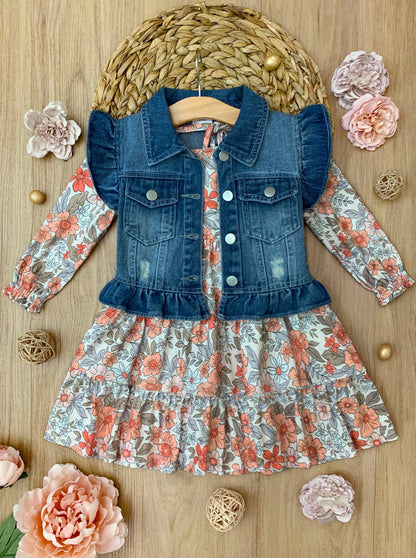 Floral Dress w/ Denim Vest Set