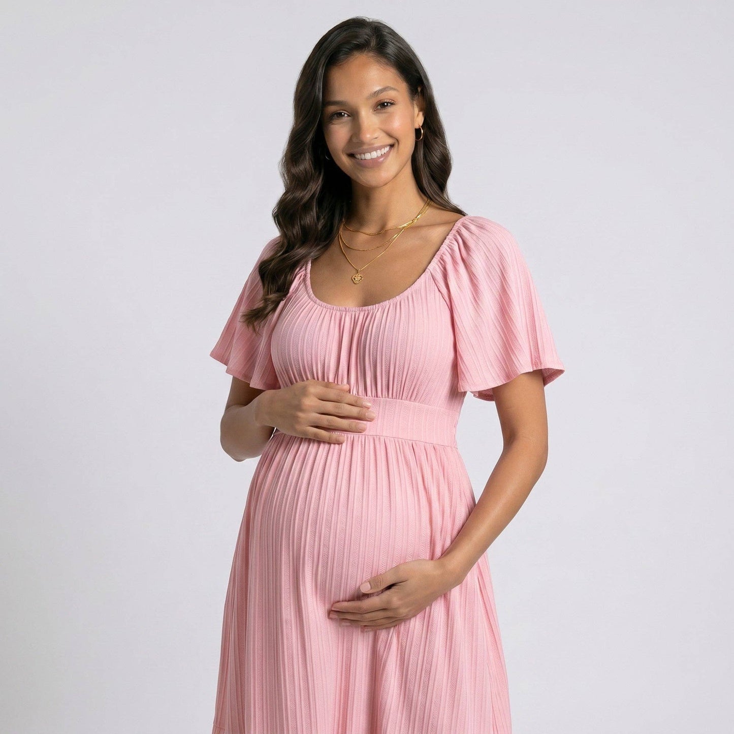 Pleated Maternity Maxi Dress with Flutter Sleeves and Tiered Skirt