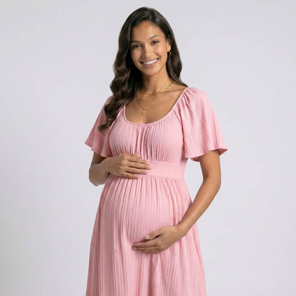 Pleated Maternity Maxi Dress with Flutter Sleeves and Tiered Skirt