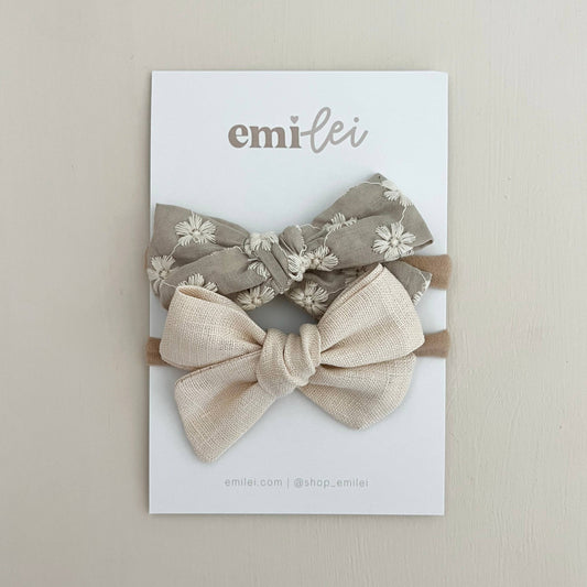Nylon Stretchy Bow Headband Set - Embroi Sage Floral & Ivory