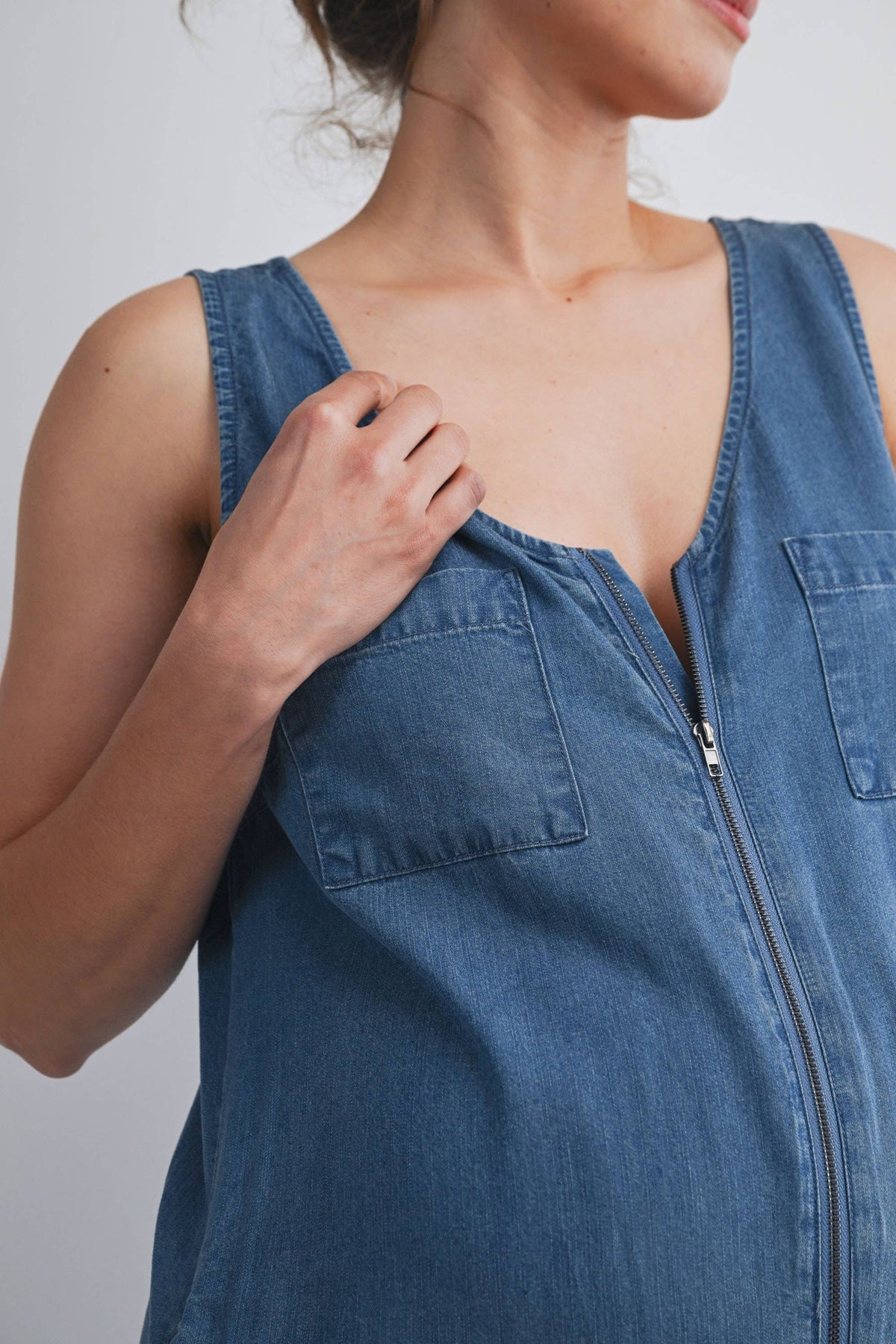 Sleeveless Maternity Denim Jumpsuit with Side Pockets