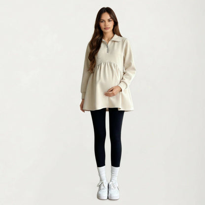 Maternity Quarter Zip Long Sleeve Top with Fleece Feel Elast