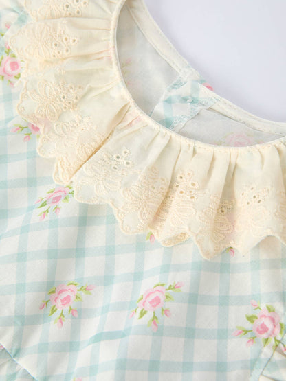 Plaid Floral Baby Girls' Romper and Short Sleeve Dress Matching Headband