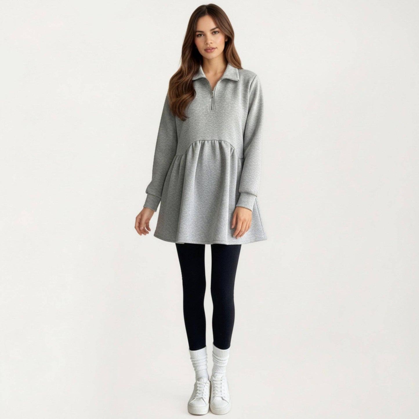 Maternity Quarter Zip Long Sleeve Top with Fleece Feel Elast