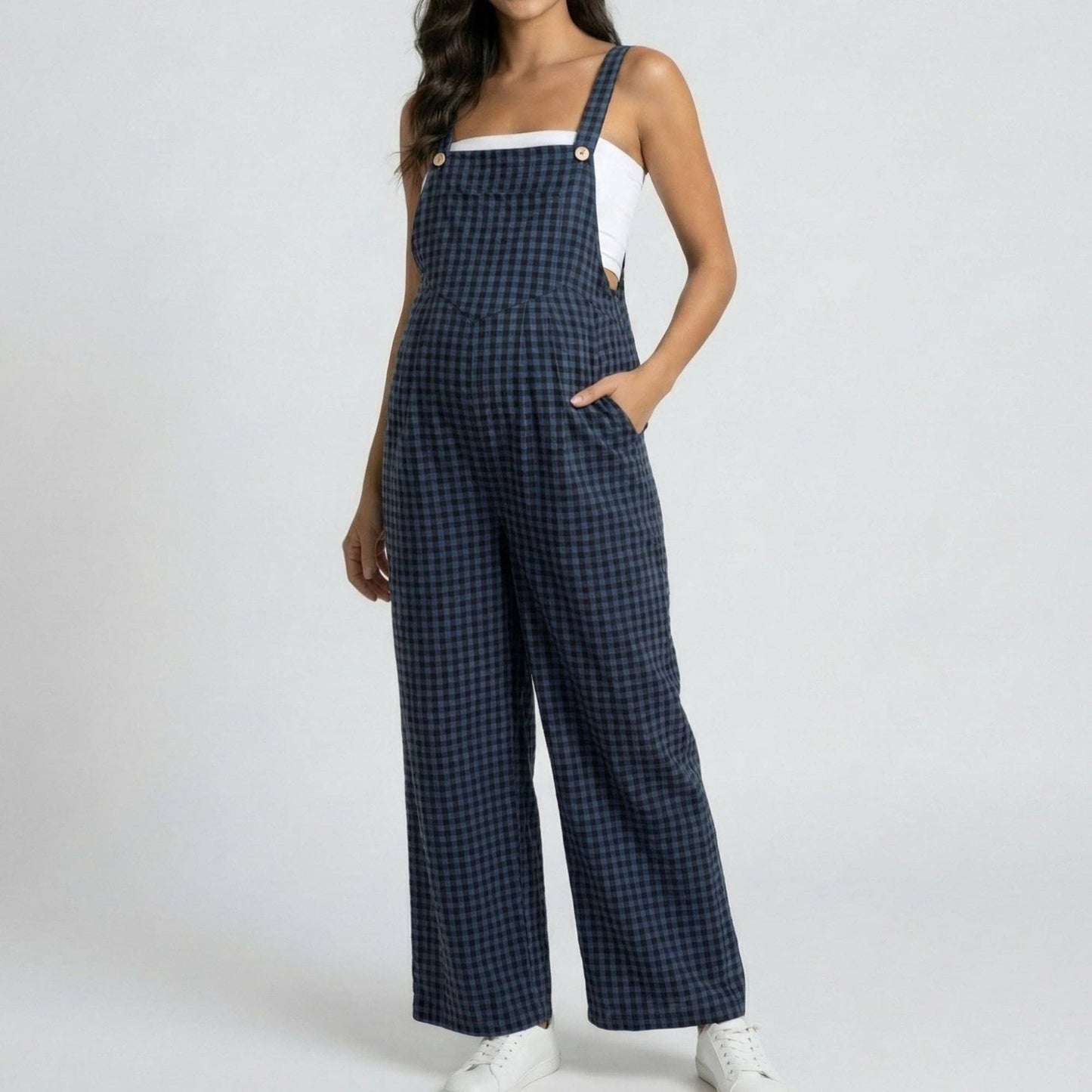 Maternity Gingham Wide Leg Jumpsuit with Adjustable Straps Square Neck Loose Fit Overalls