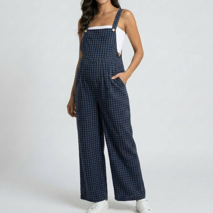 Maternity Gingham Wide Leg Jumpsuit with Adjustable Straps Square Neck Loose Fit Overalls