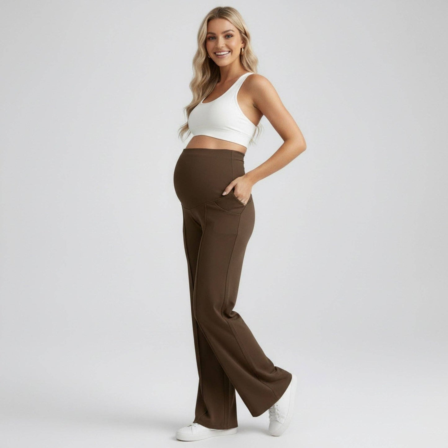 High Waist Maternity Wide Leg Pants with Over Belly Panel Front Seam Stretch Lounge Pants