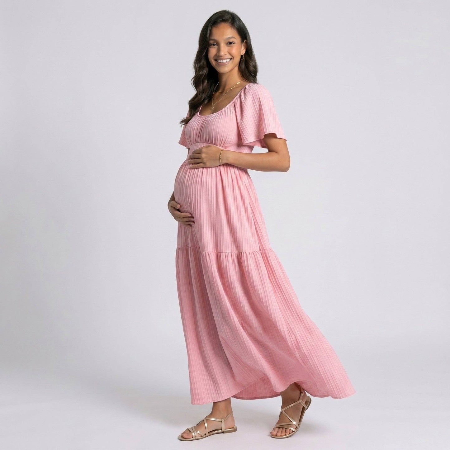 Pleated Maternity Maxi Dress with Flutter Sleeves and Tiered Skirt