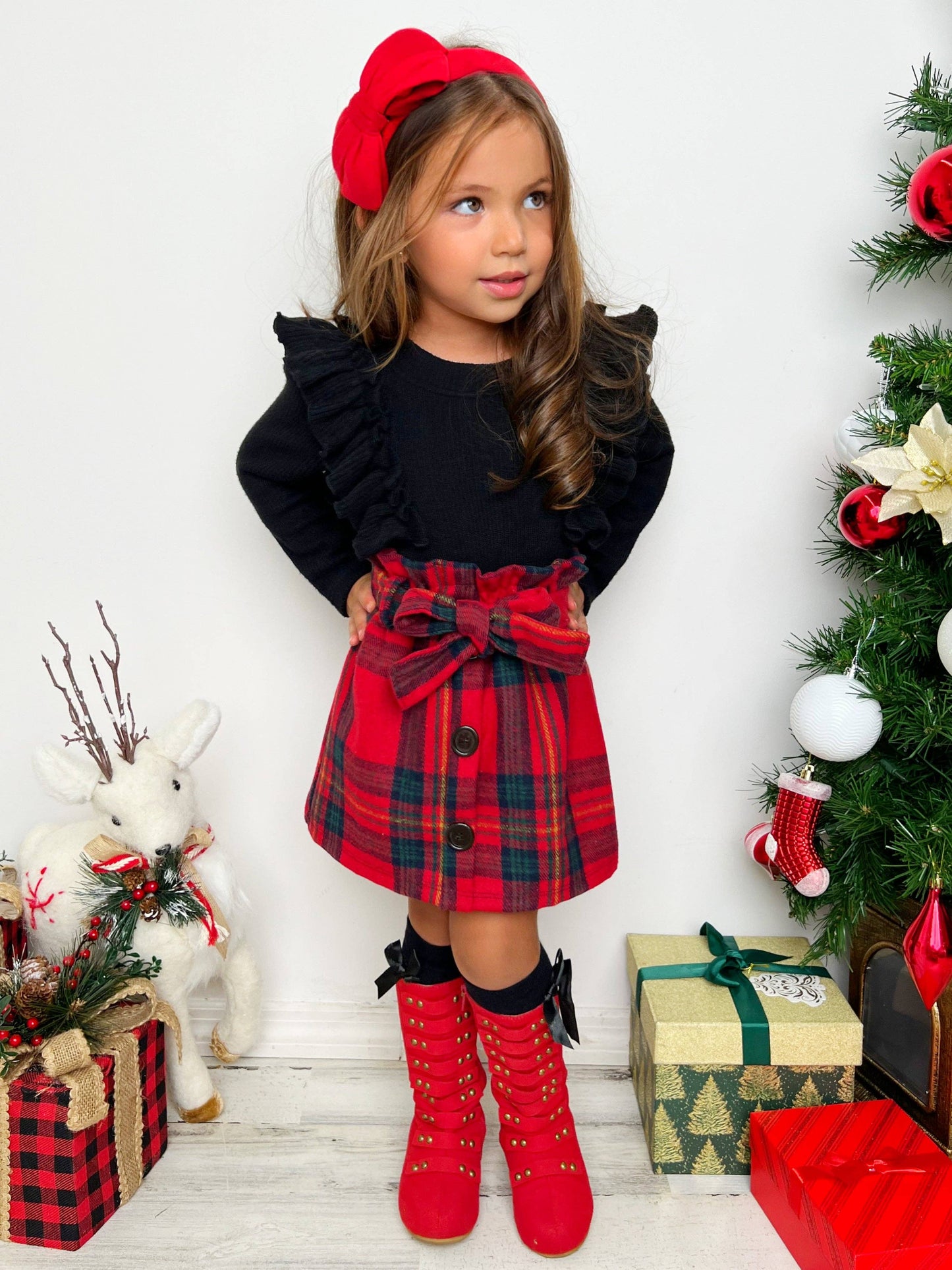 Fall Ruffled Top & Plaid Skirt Set