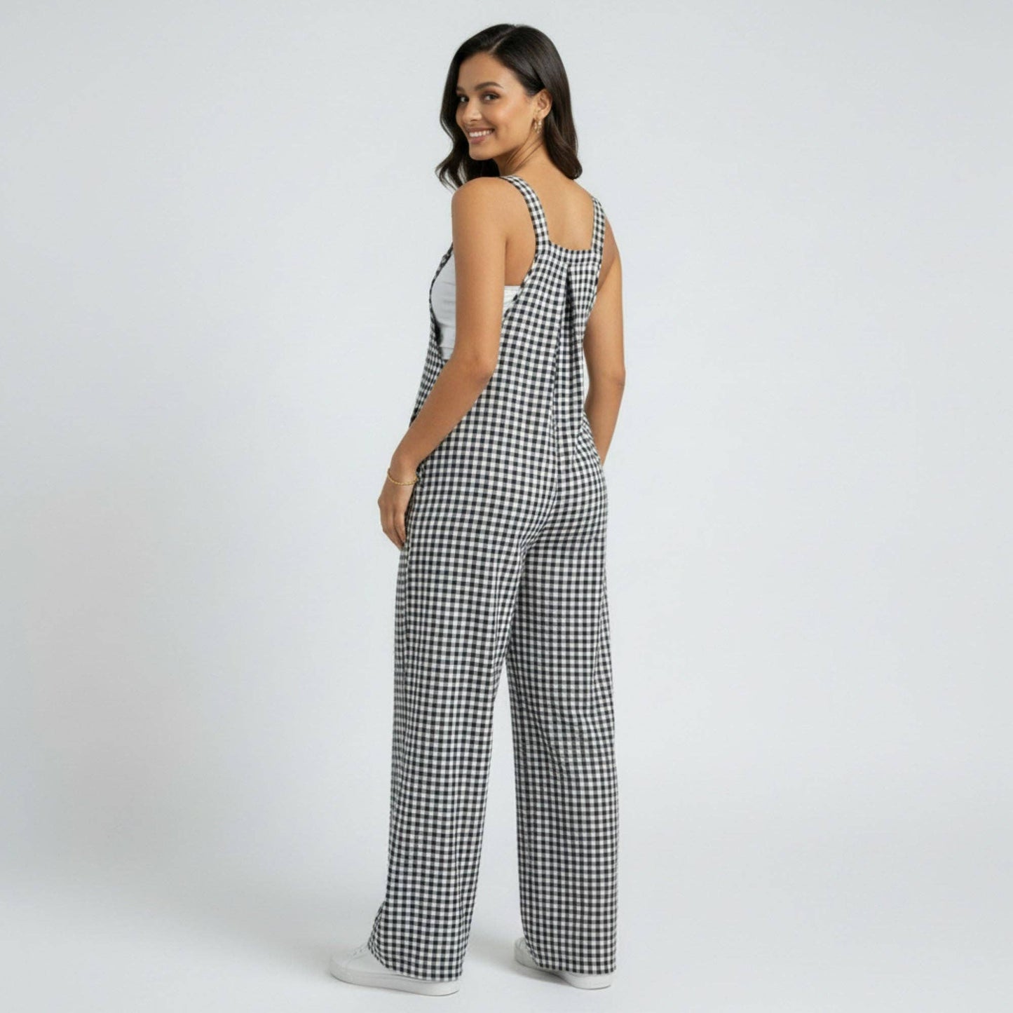 Maternity Gingham Wide Leg Jumpsuit with Adjustable Straps Square Neck Loose Fit Overalls