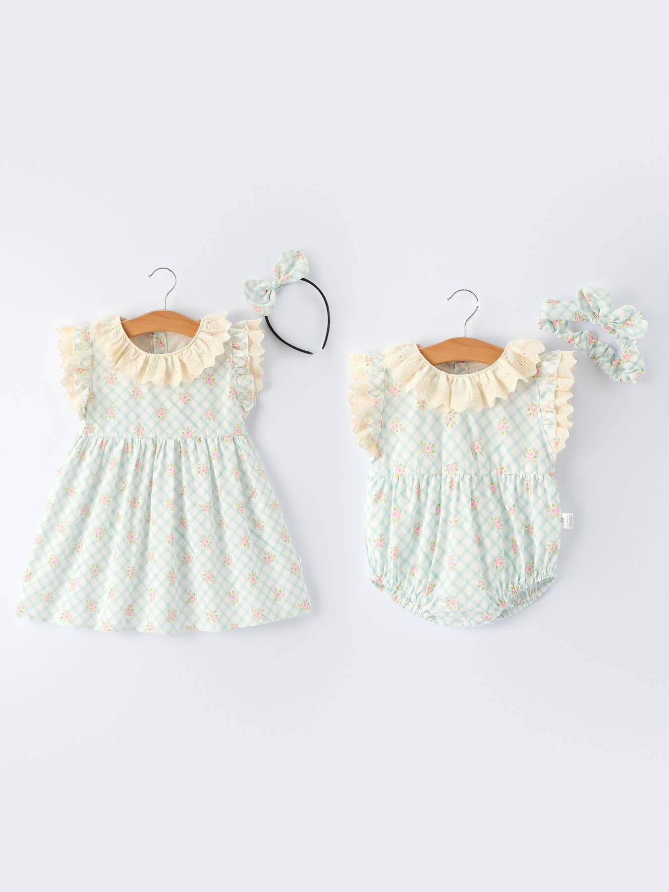 Plaid Floral Baby Girls' Romper and Short Sleeve Dress Matching Headband