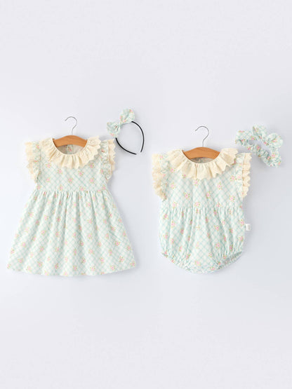 Plaid Floral Baby Girls' Romper and Short Sleeve Dress Matching Headband