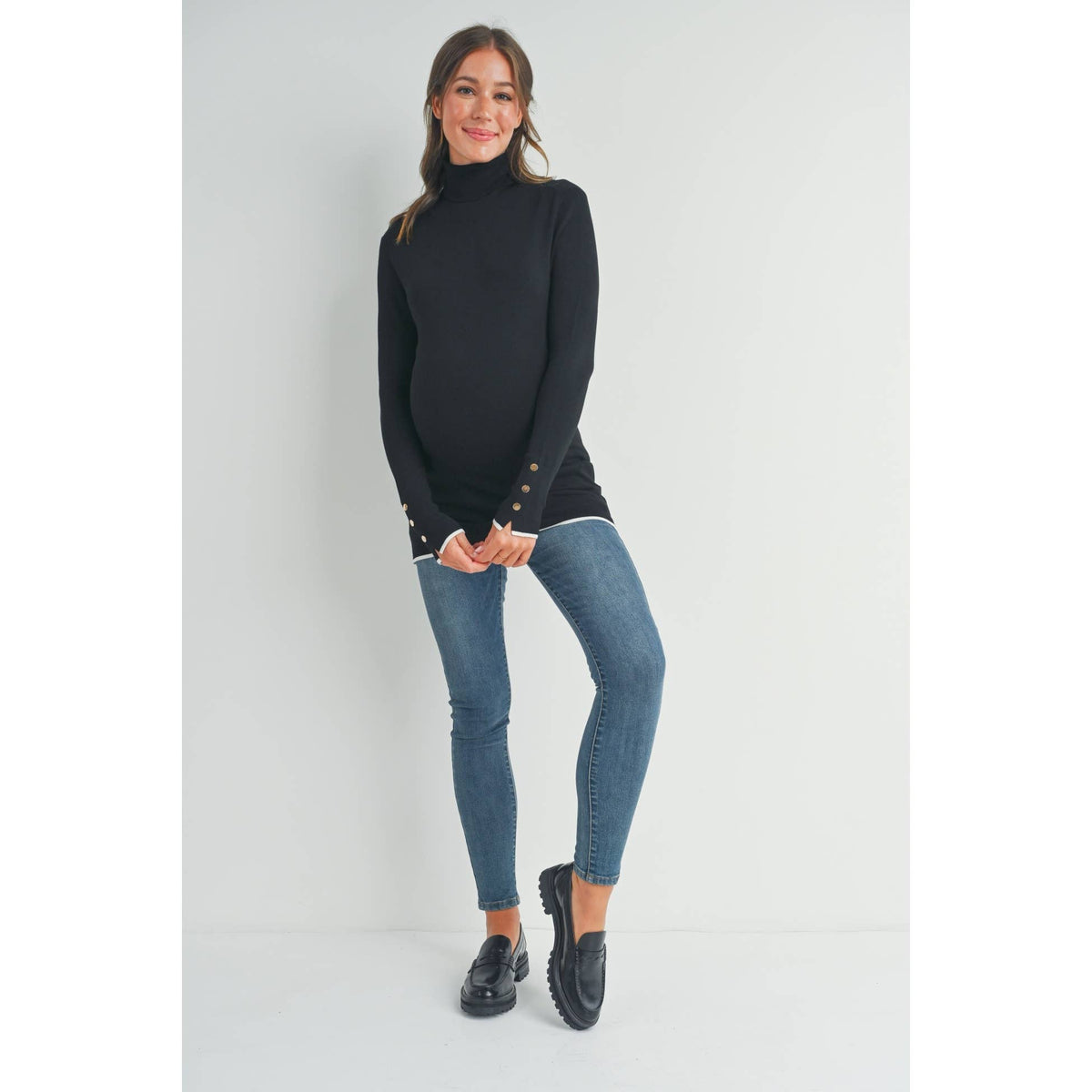 Button Cuff Maternity Turtle Neck Top