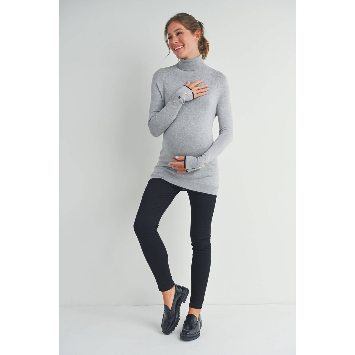 Button Cuff Maternity Turtle Neck Top
