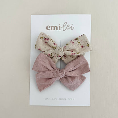 Alligator Clip Bow Set - Mauve/Natural Floral