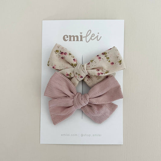 Alligator Clip Bow Set - Mauve/Natural Floral