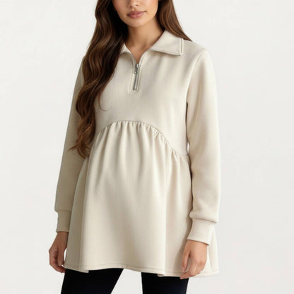 Maternity Quarter Zip Long Sleeve Top with Fleece Feel Elast