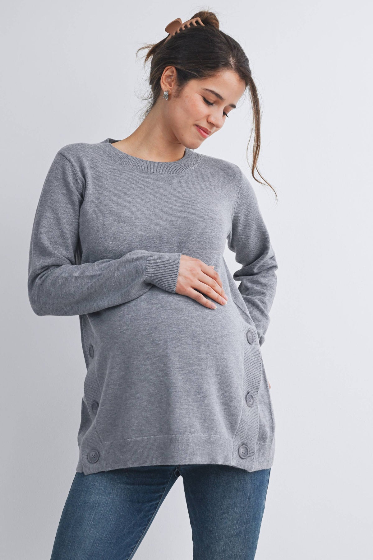 Button Side Maternity Nursing Pullover Sweater