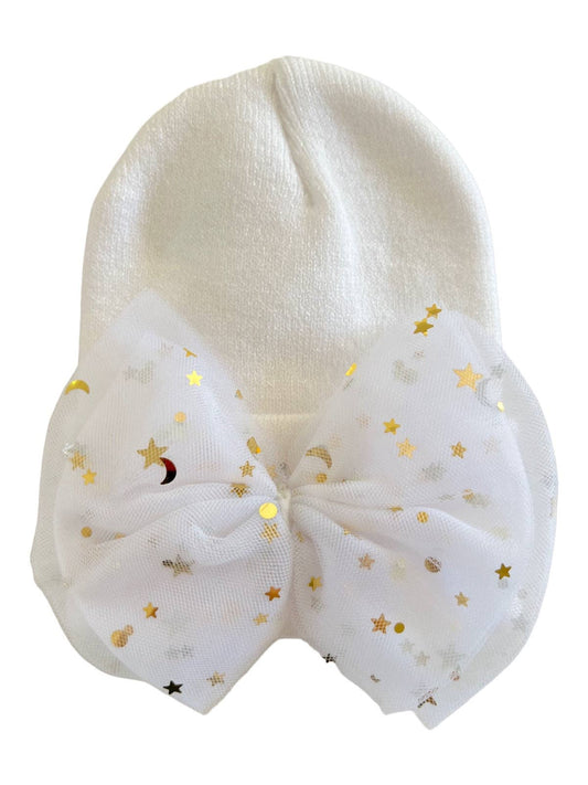 White Star Tulle Bow Baby Hat