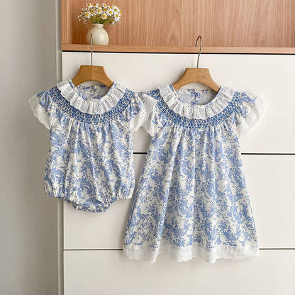 Blue Floral Smocked Matching Set Baby Romper/Dress