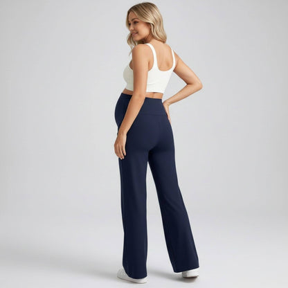 High Waist Maternity Wide Leg Pants with Over Belly Panel Front Seam Stretch Lounge Pants