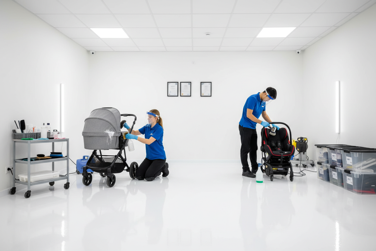 2 separate items getting cleaned, stroller and a car seat in a profession setting 
