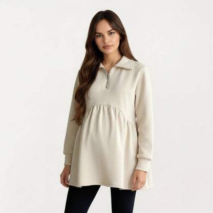 Maternity Quarter Zip Long Sleeve Top with Fleece Feel Elast