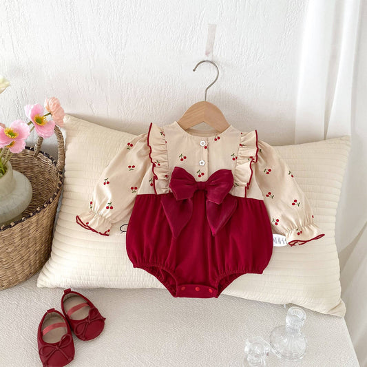 Cherry Ruffle Baby Romper with Burgundy Bow Set