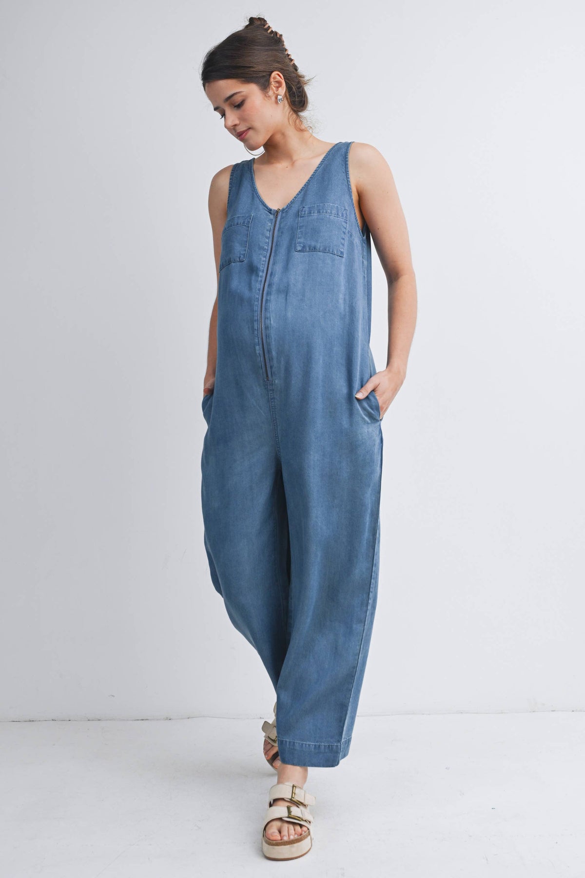 Sleeveless Maternity Denim Jumpsuit with Side Pockets