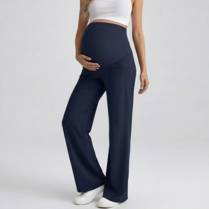 High Waist Maternity Wide Leg Pants with Over Belly Panel Front Seam Stretch Lounge Pants