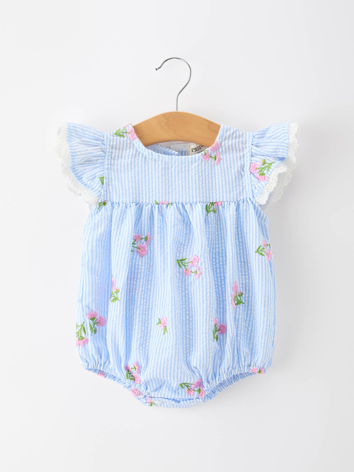 Stripe Floral Embroidery Girls Romper Ruffle Sleeve-Pink/ Blue