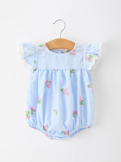 Stripe Floral Embroidery Girls Romper Ruffle Sleeve-Pink/ Blue