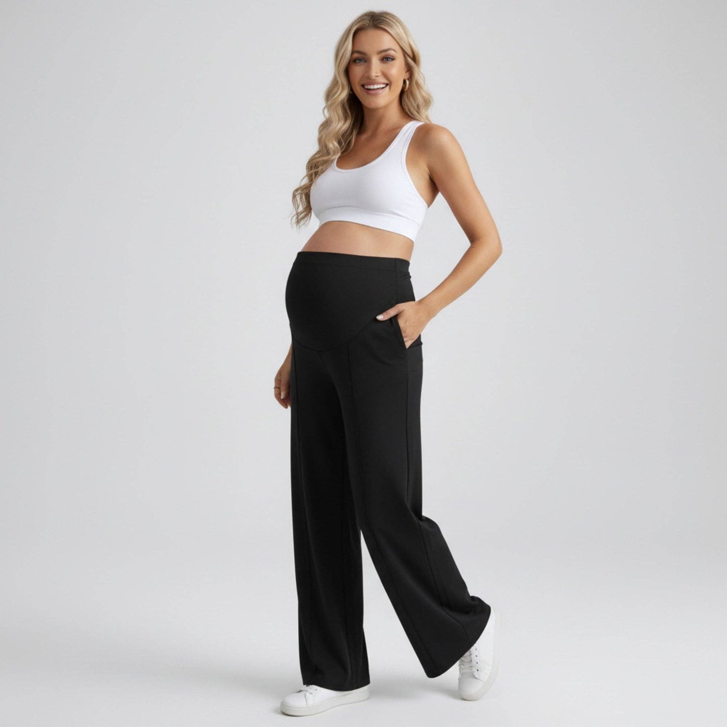 High Waist Maternity Wide Leg Pants with Over Belly Panel Front Seam Stretch Lounge Pants
