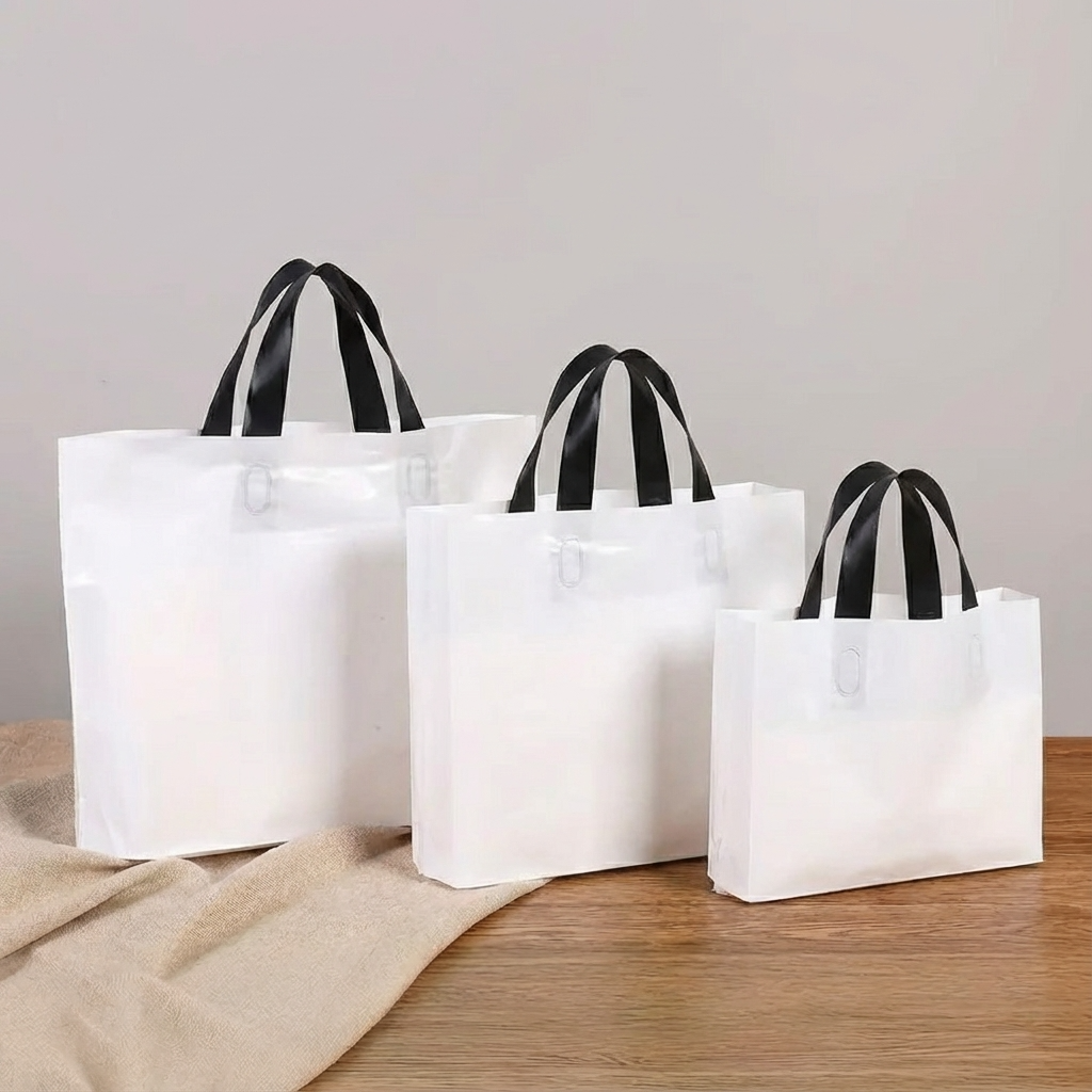 50pcs, 3 sizes White PVC gift bag with Black handle