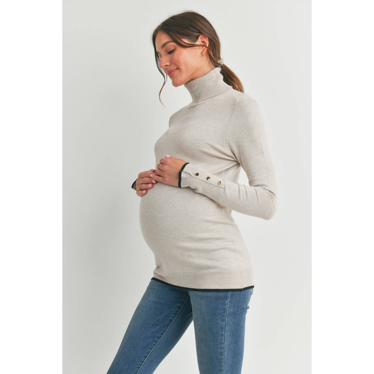Button Cuff Maternity Turtle Neck Top