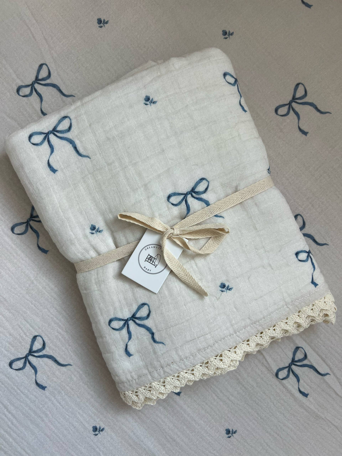 Blue Bows Cotton Gauze Crib Sheet