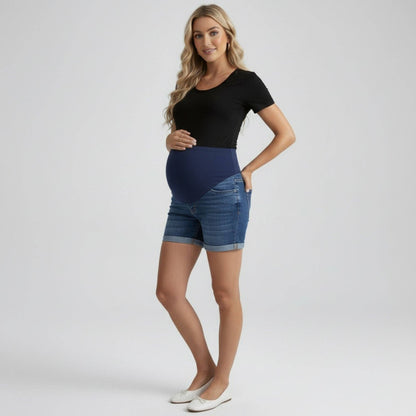 Maternity Denim Shorts with Over Belly Panel Stretch Mid Rise Pregnancy Jean Shorts