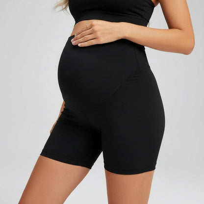 High Waist Maternity Bike Shorts with Over Belly Panel Stretch Fitted Activewear Shorts