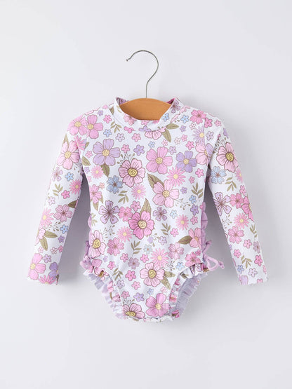 Floral Long Sleeve Ruffle Swimsuit