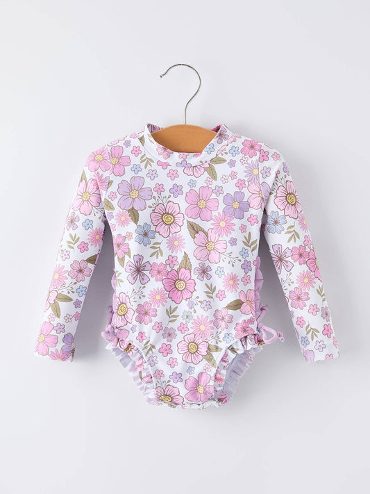 Floral Long Sleeve Ruffle Swimsuit