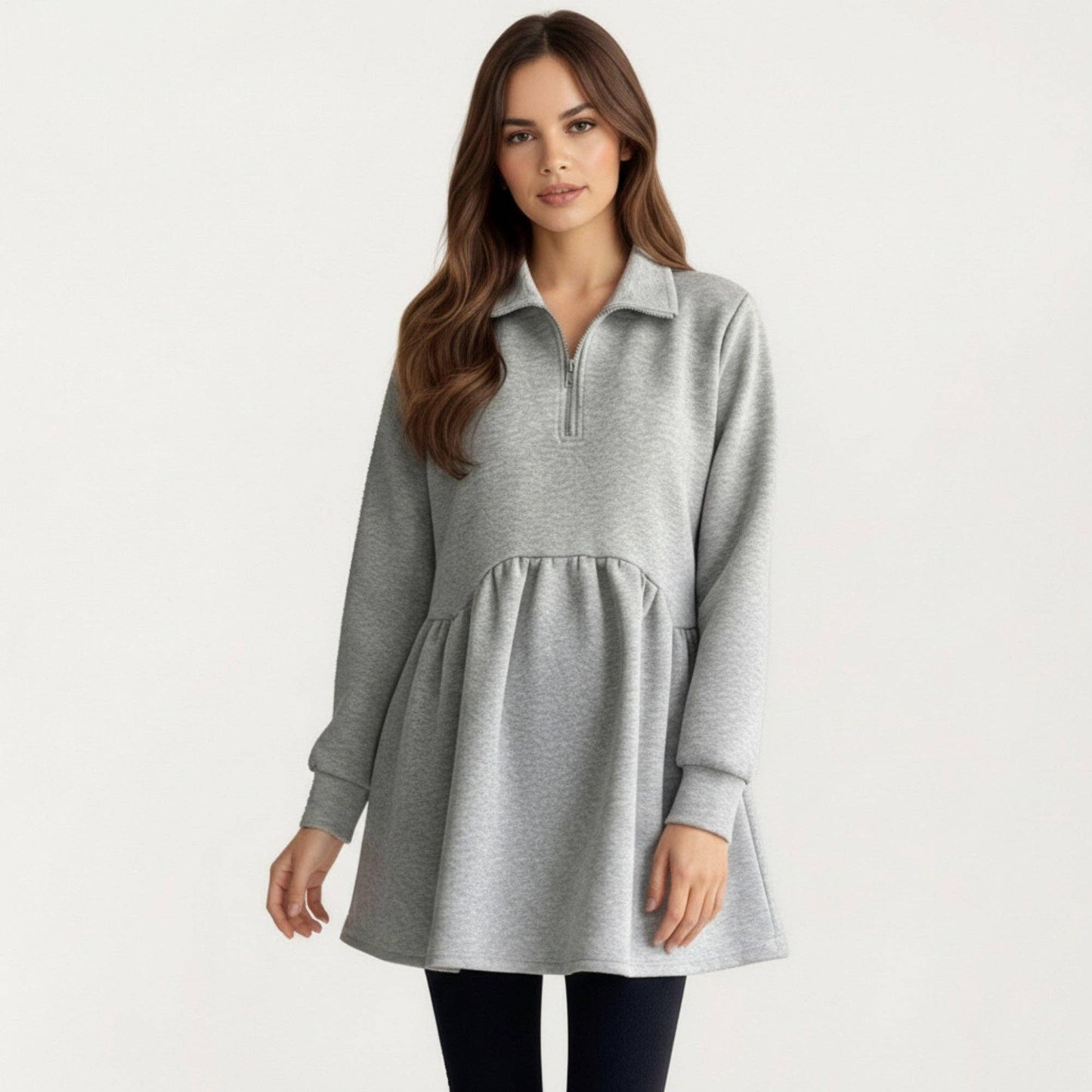 Maternity Quarter Zip Long Sleeve Top with Fleece Feel Elast