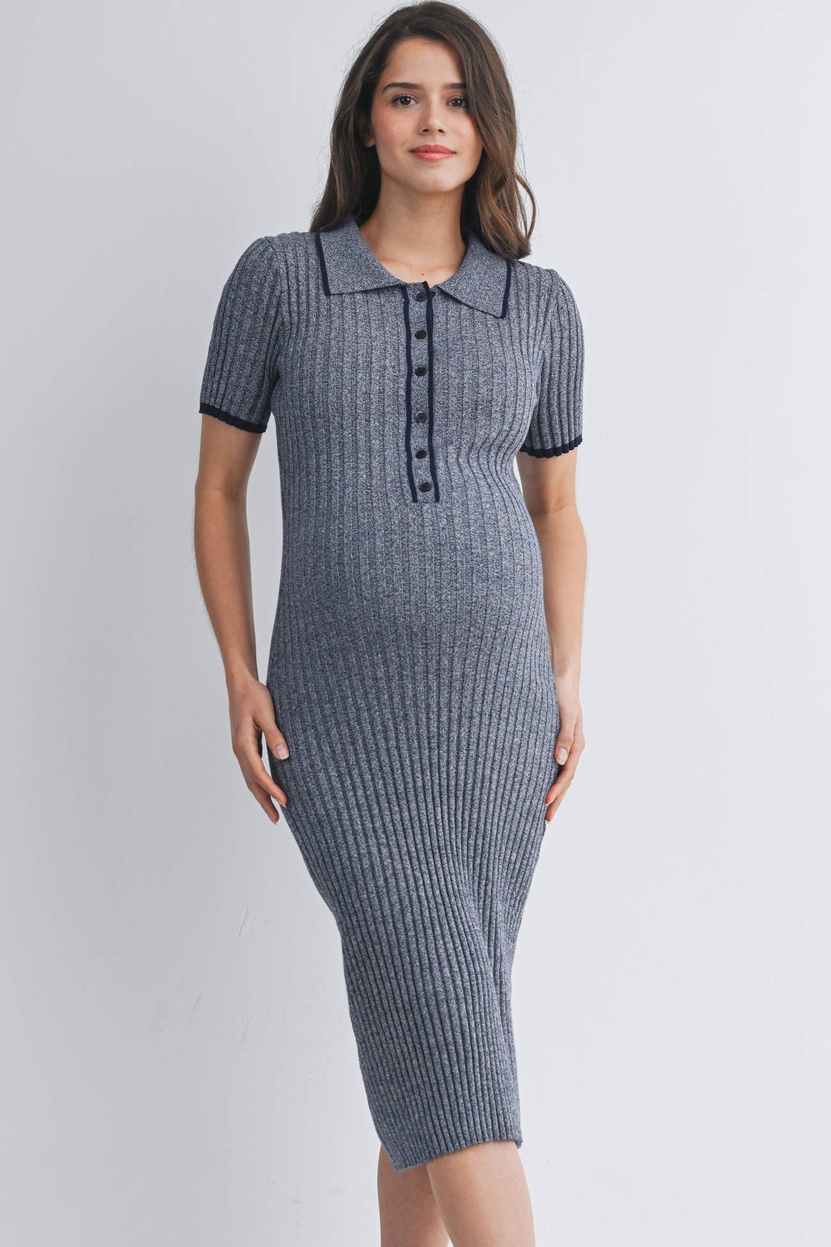 Collared Ribbed Knit Maternity Midi Dress with Button Front