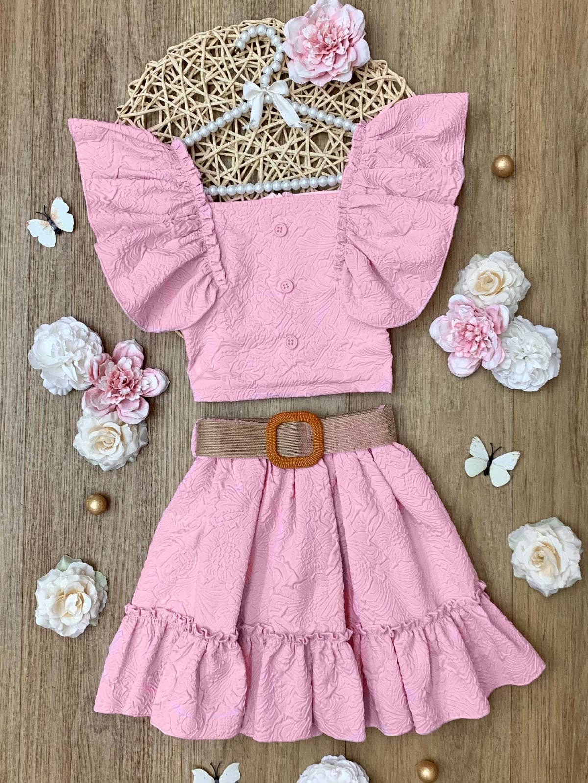 Blush Pink Ruffle Sleeve Belted Skirt Set