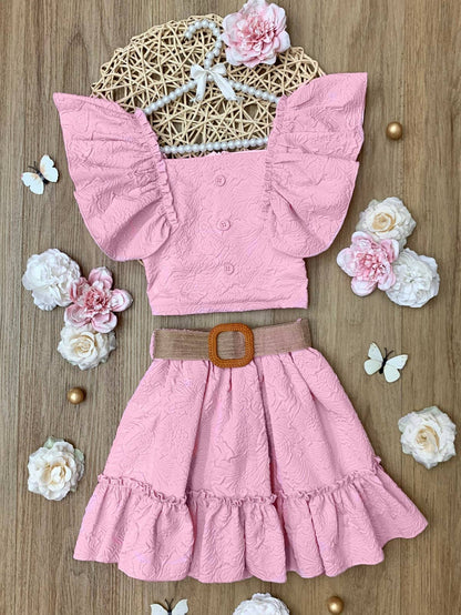 Blush Pink Ruffle Sleeve Belted Skirt Set