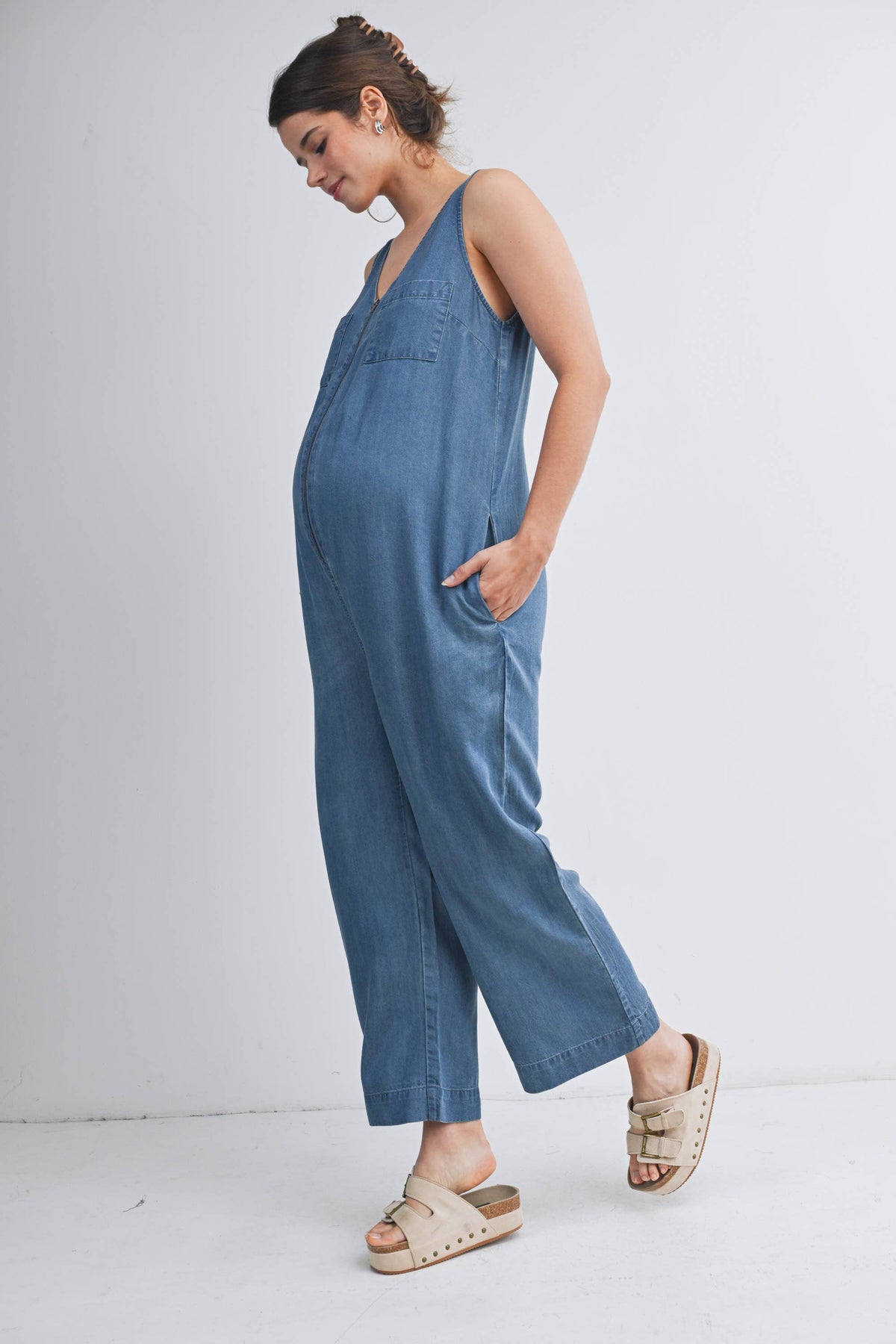 Sleeveless Maternity Denim Jumpsuit with Side Pockets